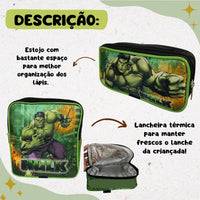 Kit Escolar Hulk com Mochila, Lancheira Térmica e Estojo